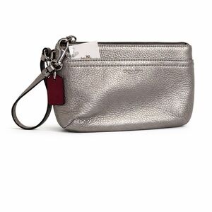 Coach Silver Pebbled Leather Wristlet with Burgundy Tag